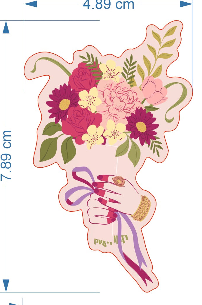 A sheet showing multiple small illustrated Arabic-themed designs with measurement lines and labels around each one, such as a handbag, flowers, a woman, a window, a mosque, and a moon scene. This is not a clean product photo of one item, and it functions as a catalog-style layout of design options rather than a lifestyle or standard product shot, so I classify it as Other.